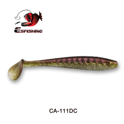 Soft plastic paddle tail fishing lure with glitter and textured detail, labeled CA-111DC.