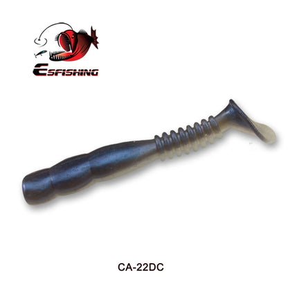Soft plastic paddle tail fishing lure, ribbed body, dark color, isolated on white background.