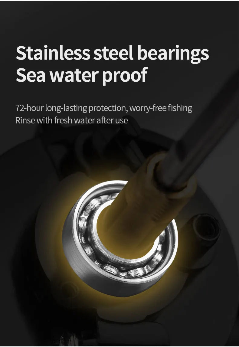 Close-up of stainless steel bearing with fishing rod, waterproof and corrosion-resistant design.