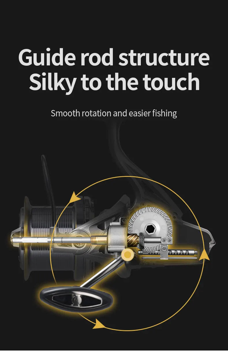 Close-up of fishing reel internal guide rod structure showing smooth rotation mechanism
