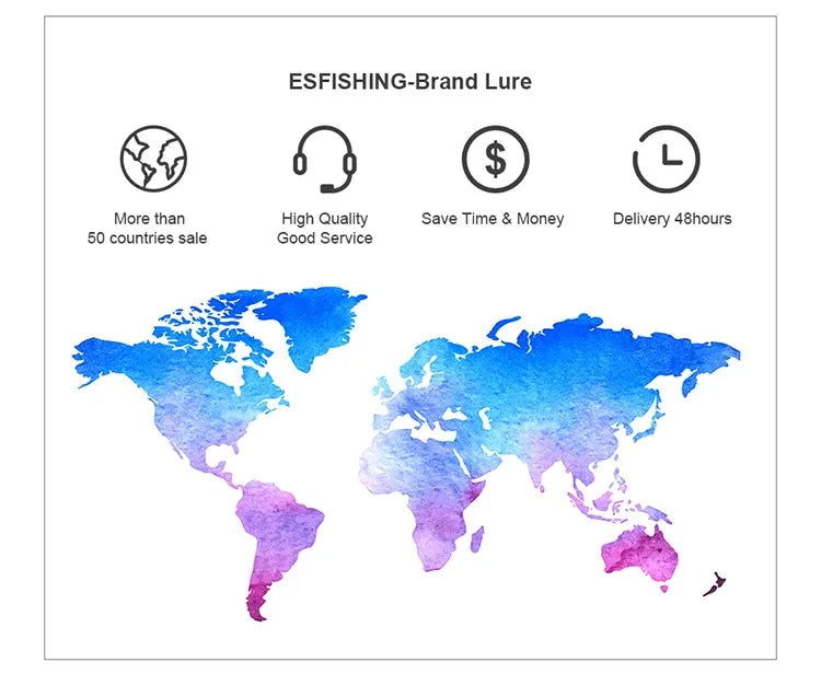 Colorful watercolor world map with icons for global shipping, quality service, fast delivery.