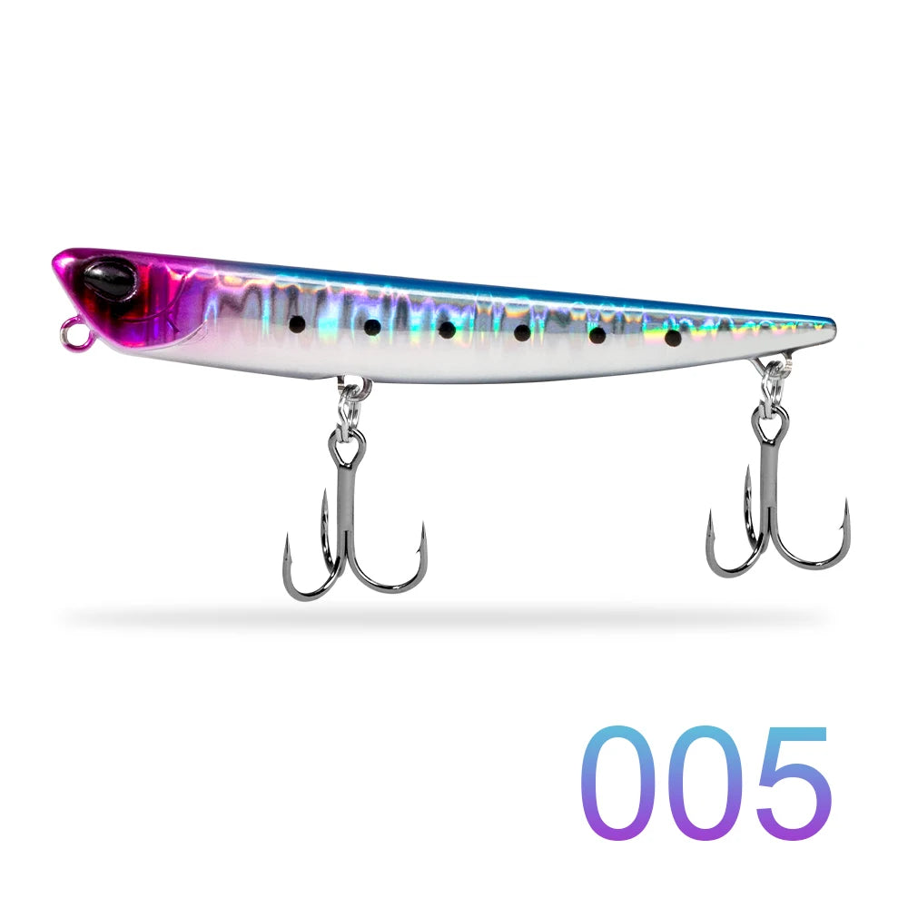 Holographic fishing lure with two treble hooks, vibrant pink and blue color, style 005