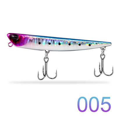 Holographic fishing lure with two treble hooks, vibrant pink and blue color, style 005