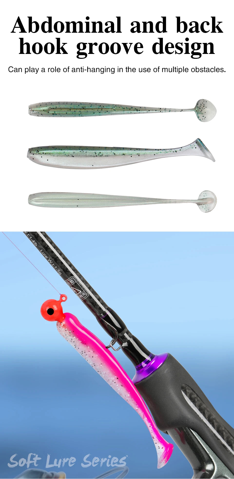 Soft fishing lures with groove design for hooks, shown on a fishing rod and isolated on white