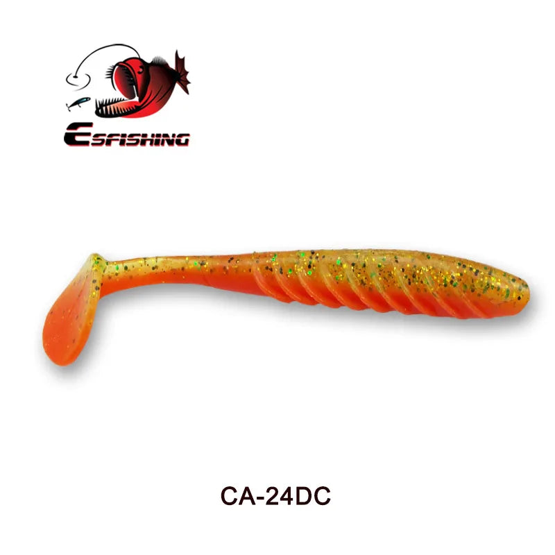 Orange and yellow soft plastic fishing lure with glitter, paddle tail design, labeled CA-24DC