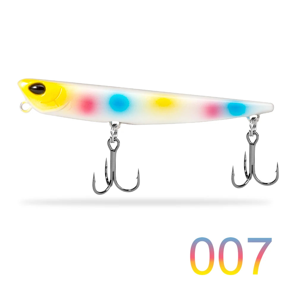 Colorful fishing lure with yellow head, blue and yellow spots, two treble hooks, number 007.