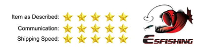 Five-star rating for item description, communication, and shipping speed with fishing logo.