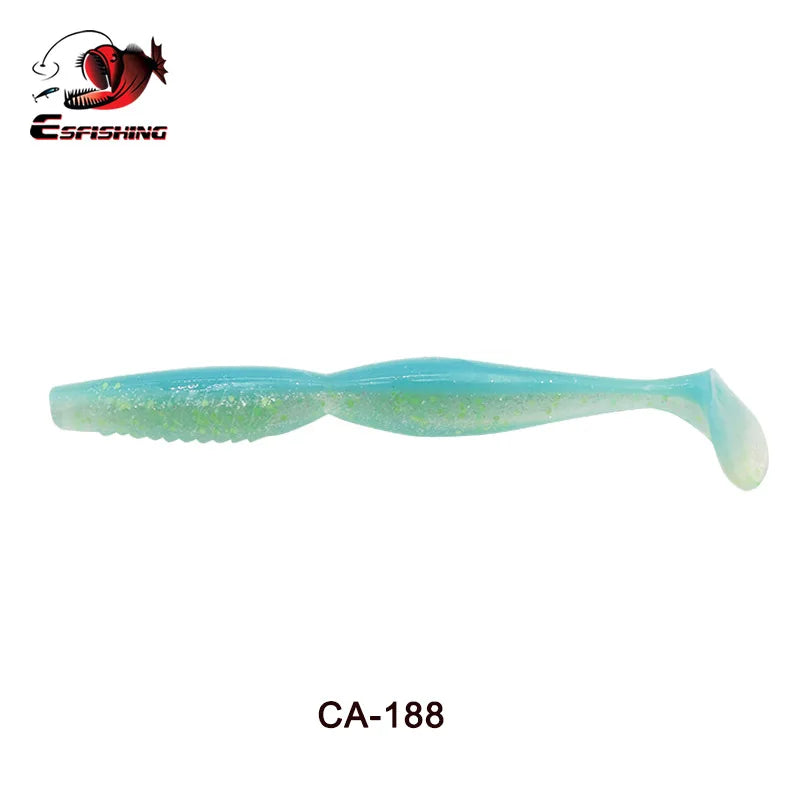 Blue soft plastic fishing lure with paddle tail and glitter accents, labeled CA-188.