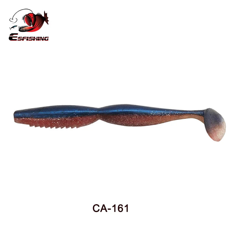 Soft plastic paddle tail fishing lure with ribbed body, CA-161 model, blue and brown