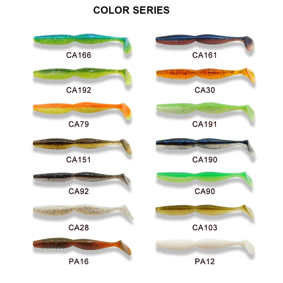 Assorted soft plastic fishing lures in various colors and labeled styles for outdoor angling.
