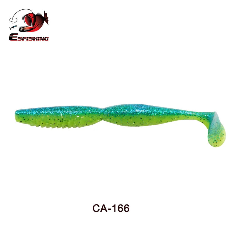Green and blue glitter soft plastic fishing lure with paddle tail, labeled CA-166.