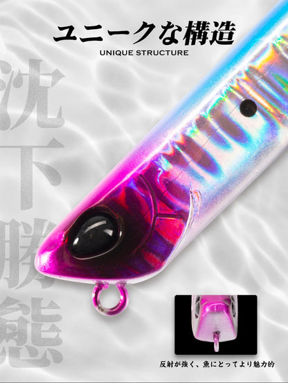 Colorful reflective fishing lure with large eye, unique structure, close-up on hook ring