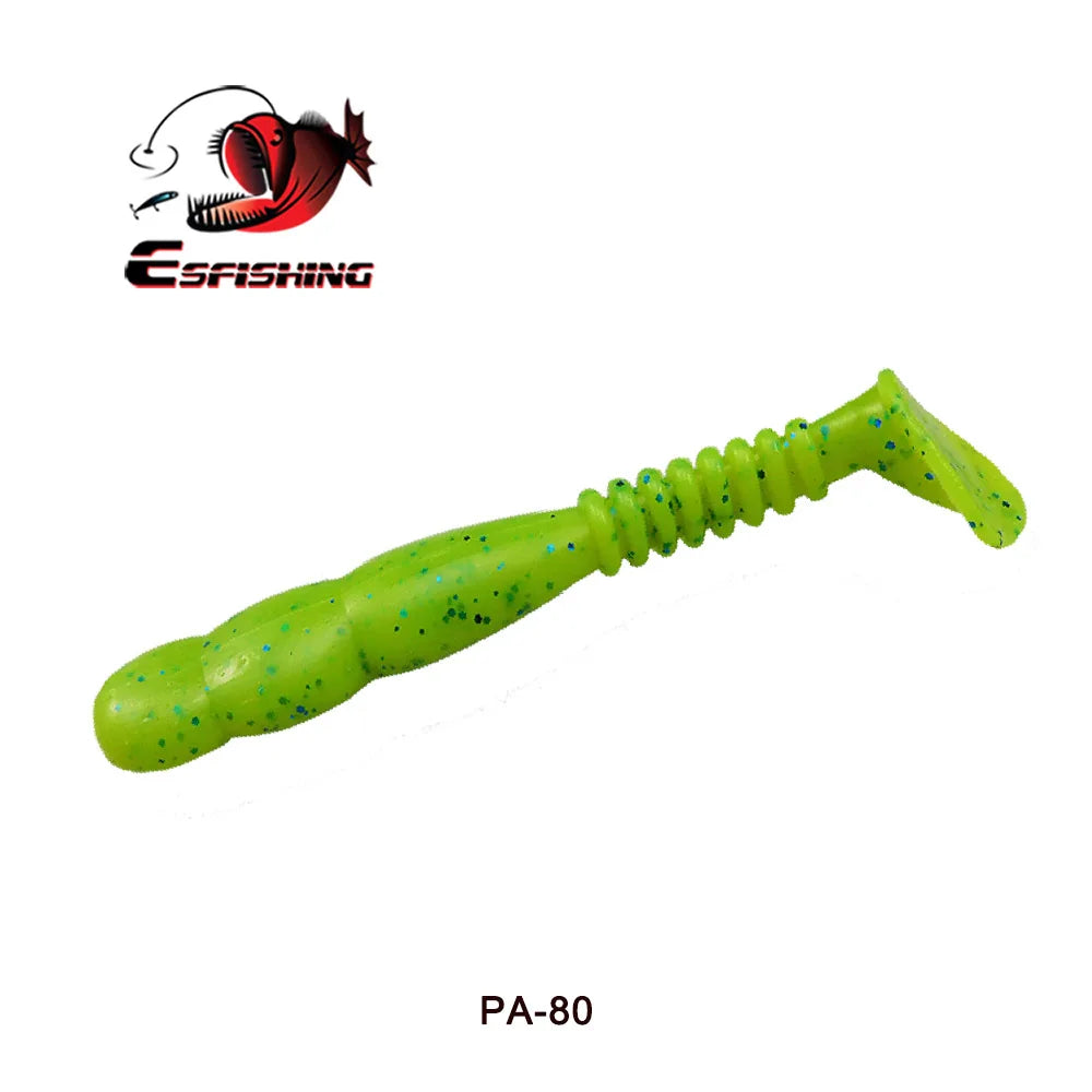Green soft plastic fishing lure with blue spots, ribbed body, paddle tail, labeled PA-80.