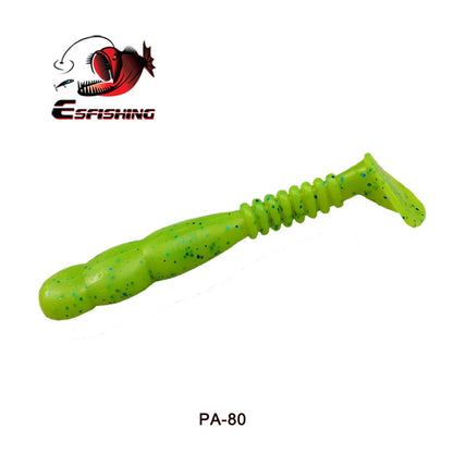 Green soft plastic fishing lure with blue spots, ribbed body, paddle tail, labeled PA-80.
