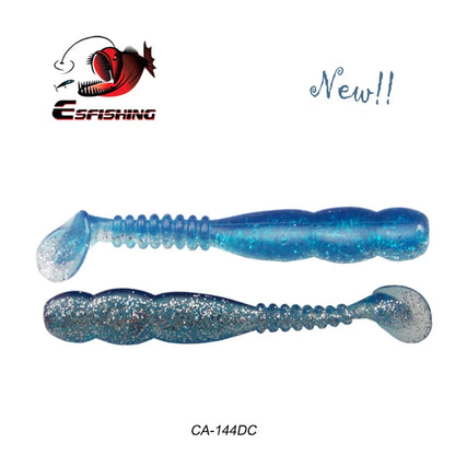 Blue glitter soft plastic fishing lures with paddle tails on white background