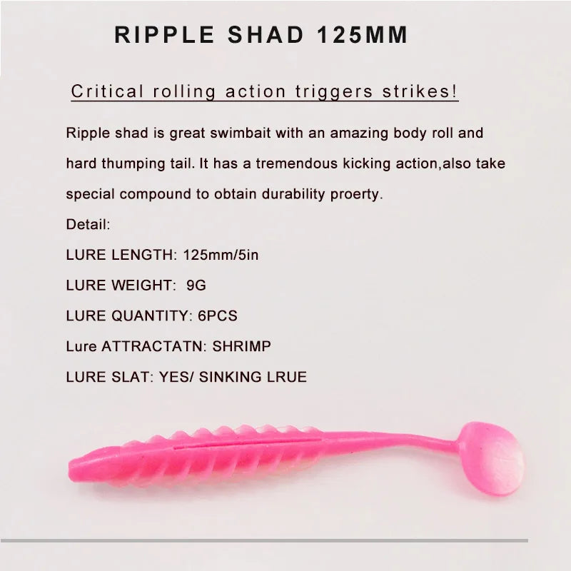 Pink Ripple Shad 125mm soft bait lure with paddle tail for fishing, product specs listed.