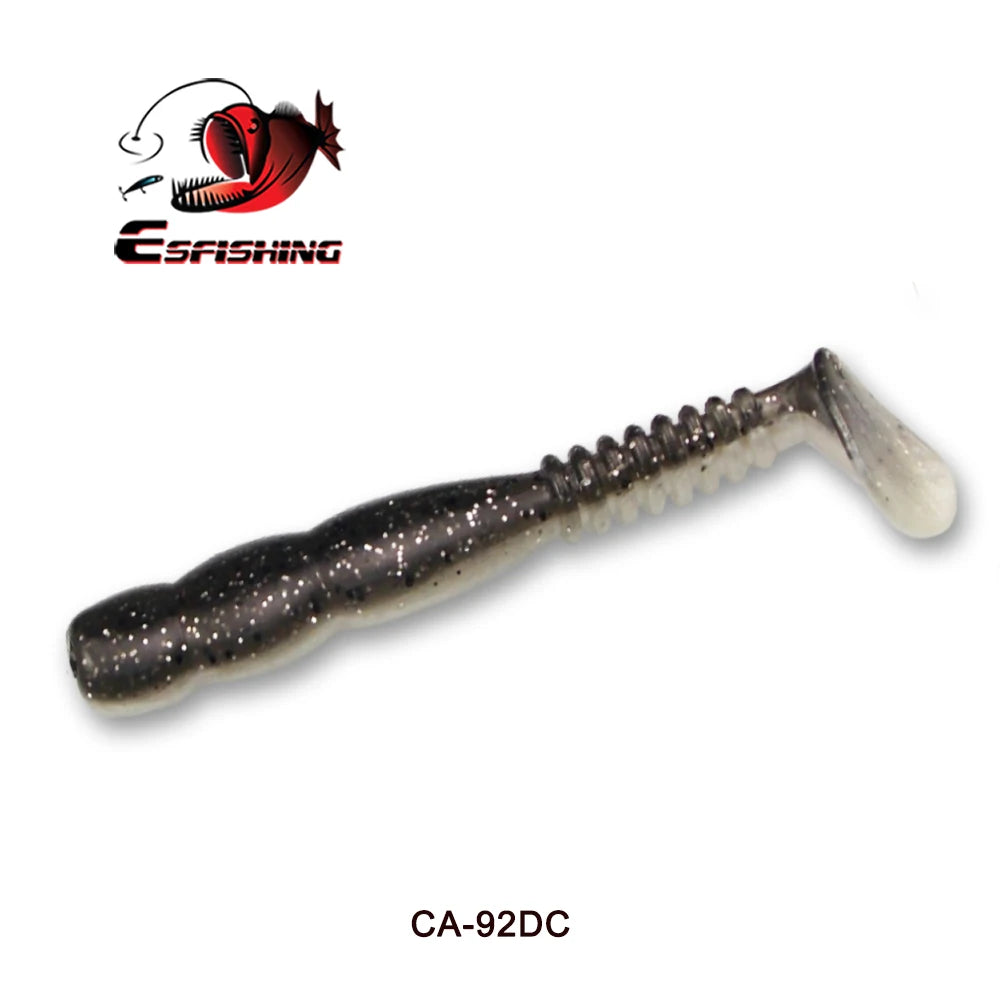 Soft plastic paddle tail fishing lure with glitter details, ideal for outdoor fishing gear.