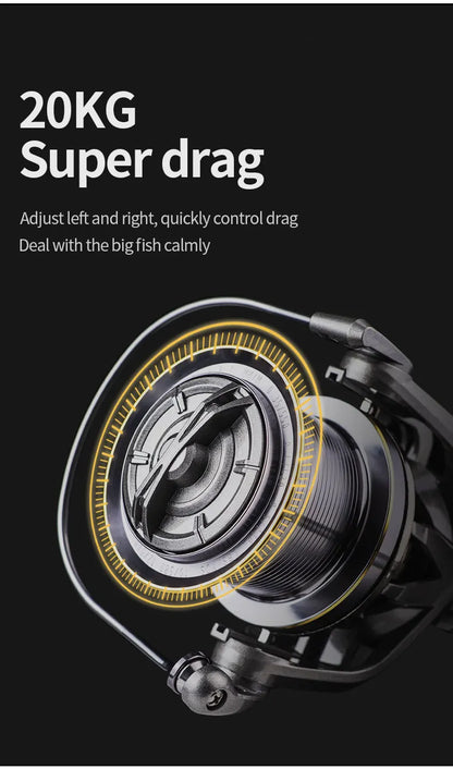 Close-up of fishing reel with 20KG super drag, adjustable control, outdoor gear