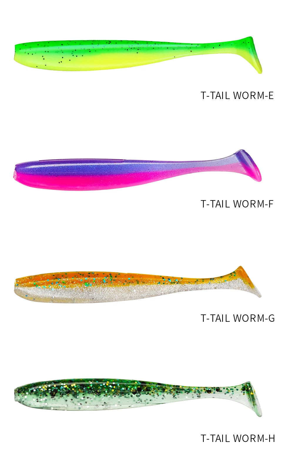 Four colorful soft plastic T-tail fishing lures labeled Worm-E, Worm-F, Worm-G, Worm-H on white background.
