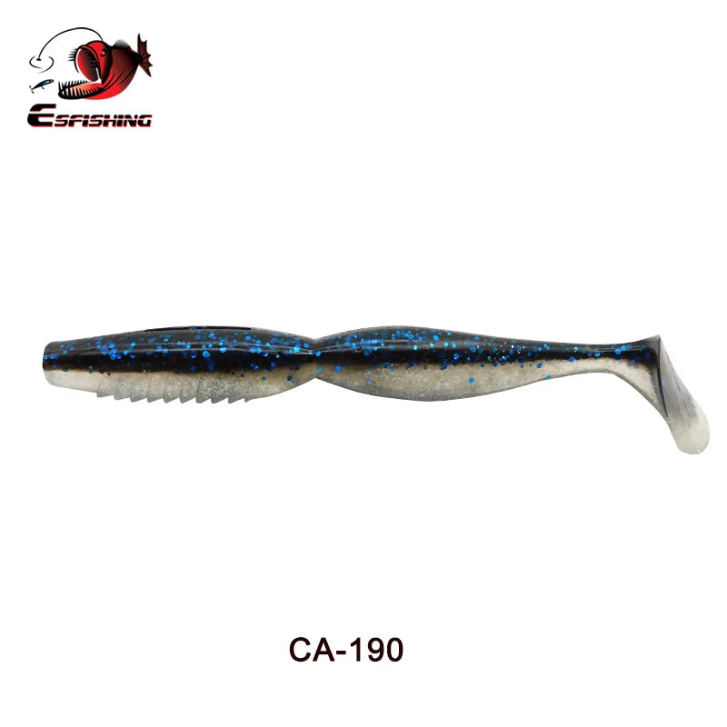 Soft plastic fishing lure, black with blue glitter, paddle tail, labeled CA-190
