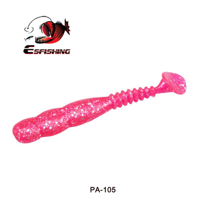 Pink glitter soft bait fishing lure with paddle tail, PA-105 model, isolated on white background