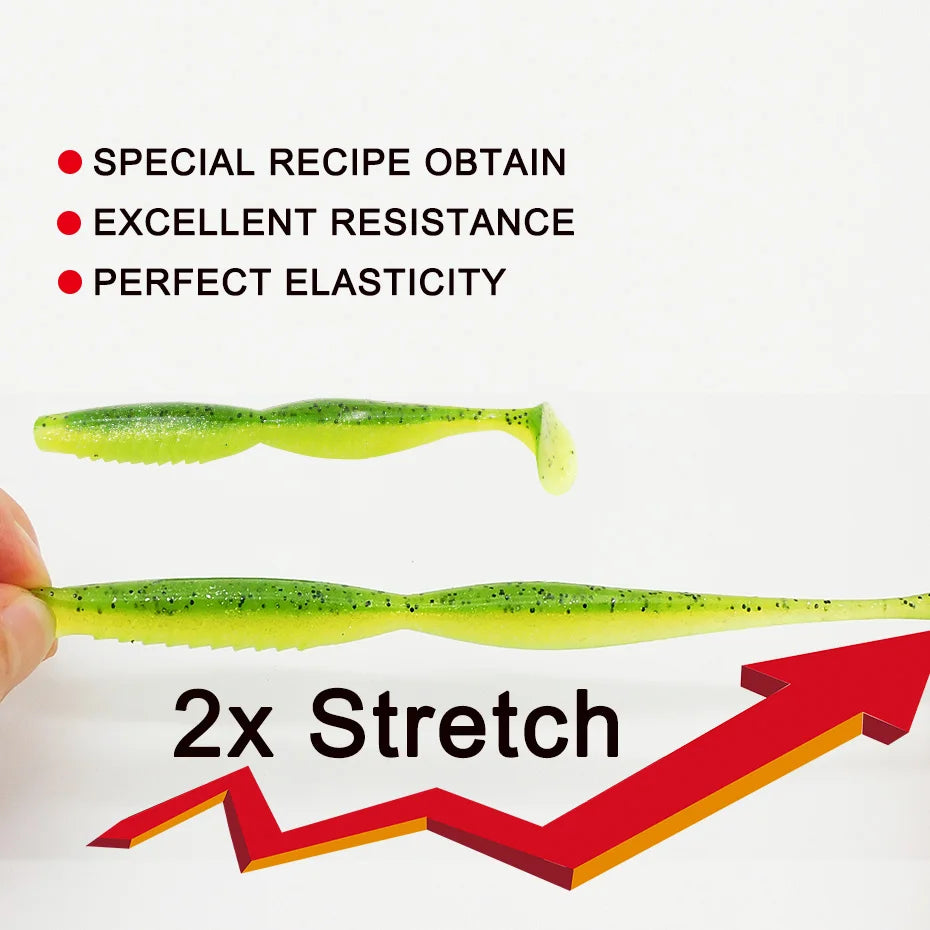 Stretchy green soft plastic fishing lure showing excellent resistance and elasticity.
