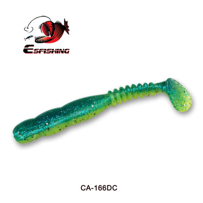Green and blue glittery soft plastic paddle tail fishing lure for outdoor angling.