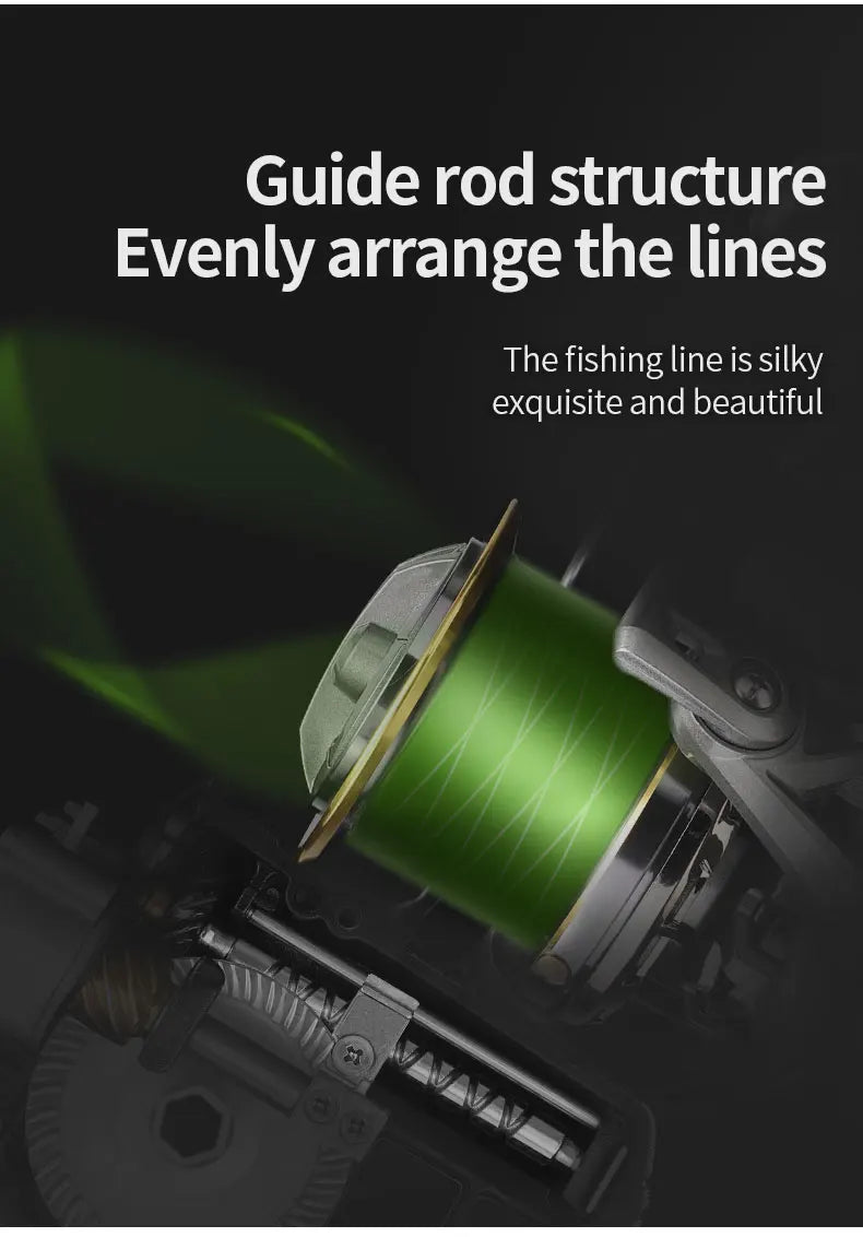Close-up of fishing reel with green line, showing guide rod structure for smooth line arrangement