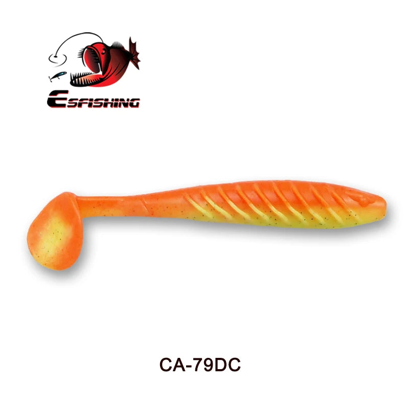 Orange and yellow soft plastic paddle tail fishing lure with ridged body, labeled CA-79DC.