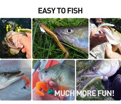 Collage of fish caught with various soft plastic fishing lures, showcasing easy fishing success.