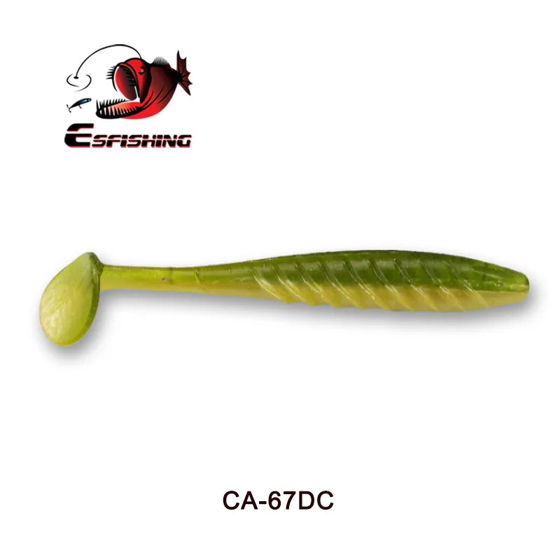 Green soft plastic fishing lure with paddle tail, labeled CA-67DC, for freshwater fishing.