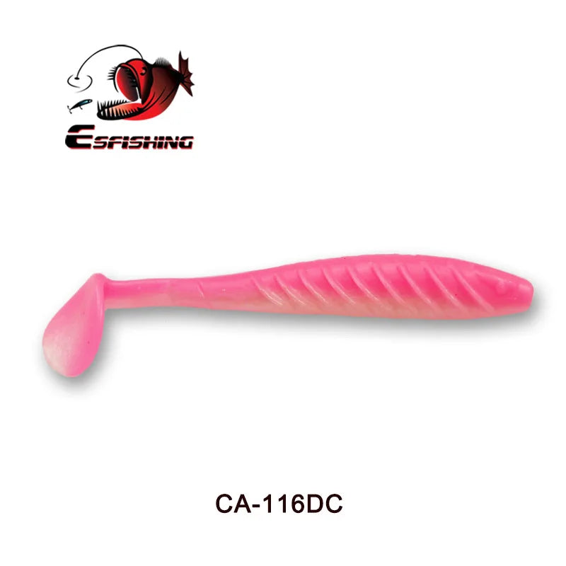 Pink soft plastic fishing lure with paddle tail, labeled CA-116DC, for outdoor fishing gear.
