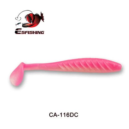 Pink soft plastic fishing lure with paddle tail, labeled CA-116DC, for outdoor fishing gear.
