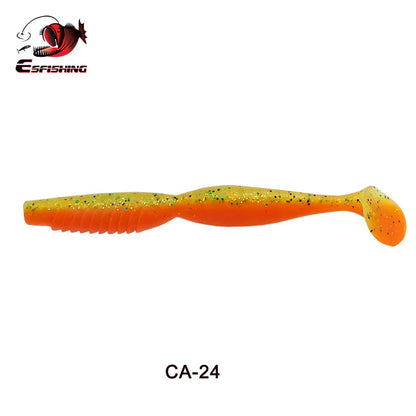 Orange and yellow soft plastic fishing lure with glitter and paddle tail, labeled CA-24.