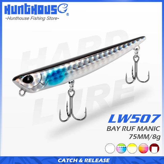 Hard fishing lure LW507 Bay Ruf Manic 75mm 8g with blue and silver finish, dual treble hooks