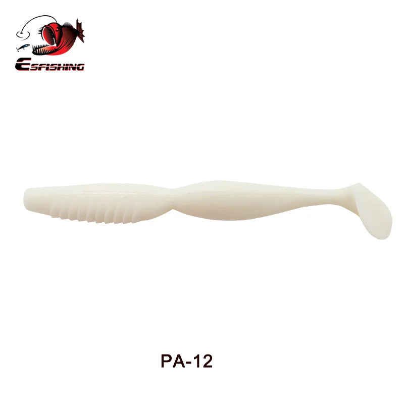 White soft plastic fishing lure with ribbed body and paddle tail labeled PA-12