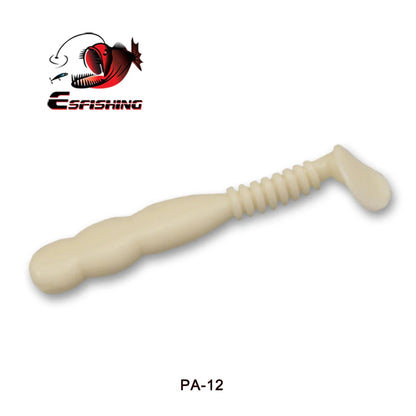 Soft plastic fishing lure with paddle tail in off-white color, labeled PA-12, on white background.