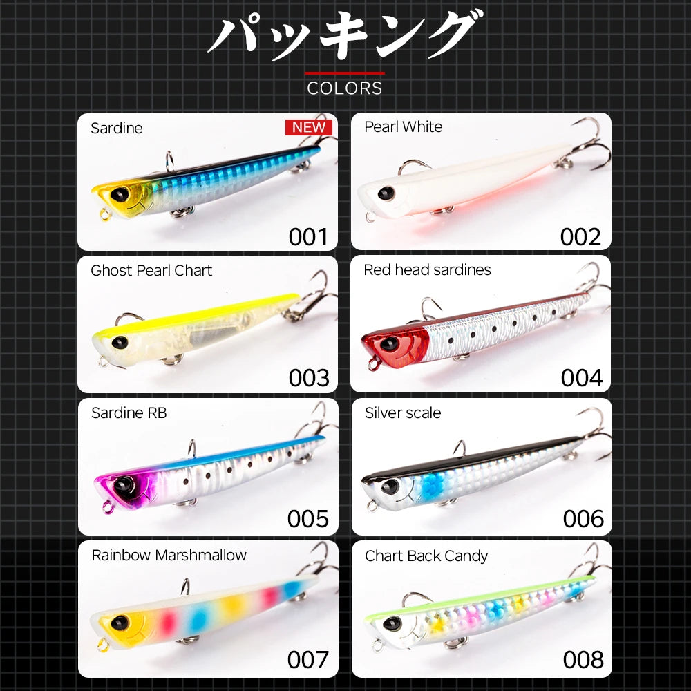 Fishing lure color options chart showing eight detailed hard bait designs with hooks.