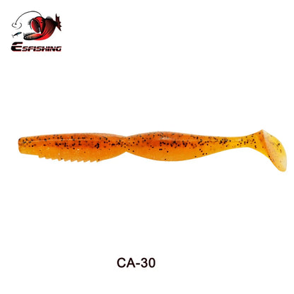 Orange soft plastic fishing lure with black speckles, paddle tail, model CA-30