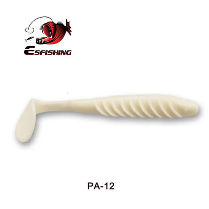White soft plastic paddle tail fishing lure with ribbed body and PA-12 label on white background