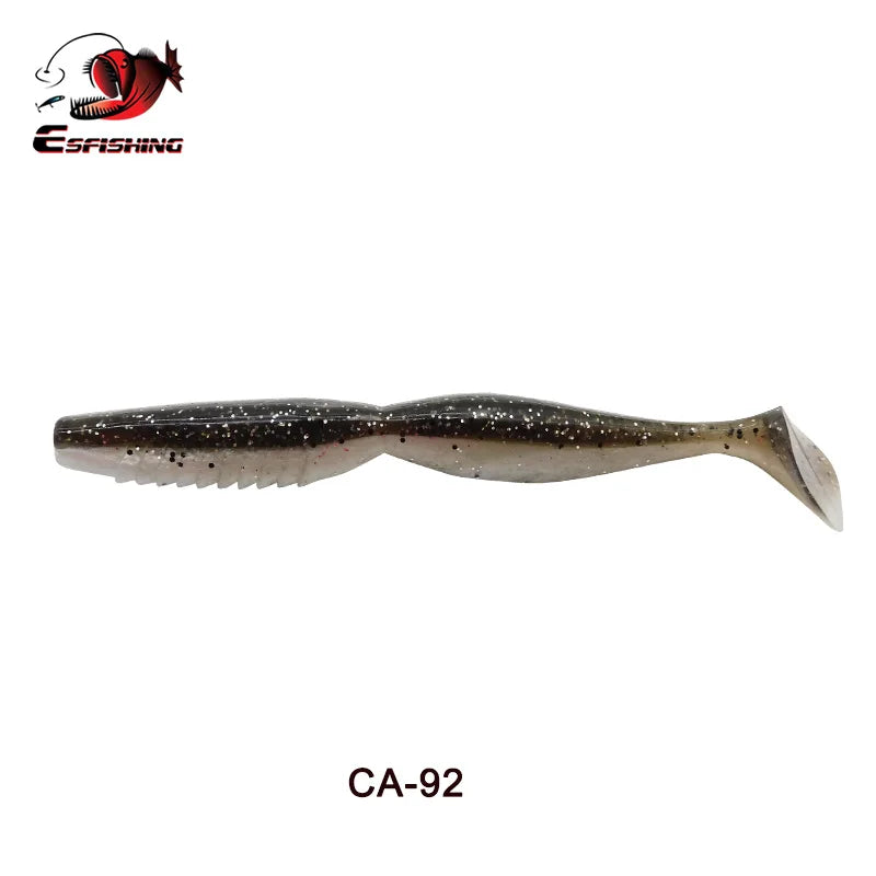 Shimmery soft plastic fishing lure with ribbed body and paddle tail, labeled CA-92.