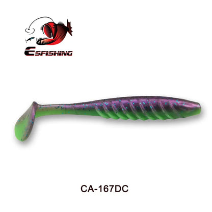 Soft plastic fishing lure in green and purple with paddle tail for bass or freshwater fishing.