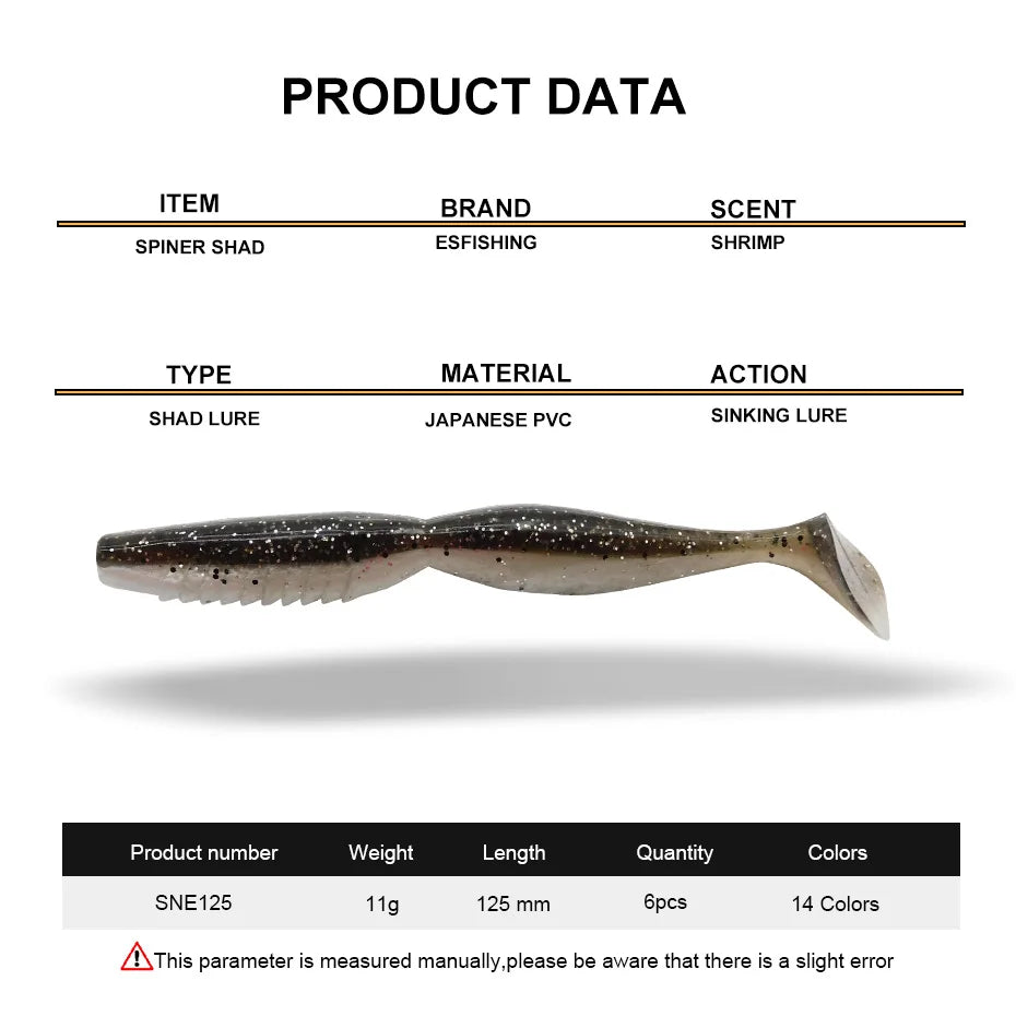 Soft shad lure for fishing, 125mm, 11g, black with glitter, made of Japanese PVC, sinking action.