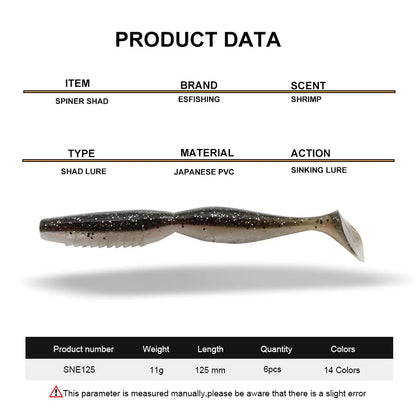 Soft shad lure for fishing, 125mm, 11g, black with glitter, made of Japanese PVC, sinking action.