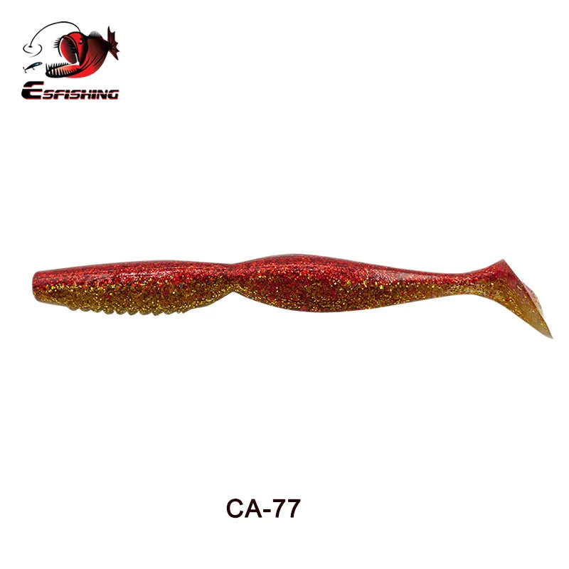 Red and gold glitter soft plastic fishing lure with paddle tail, labeled CA-77, on white background.