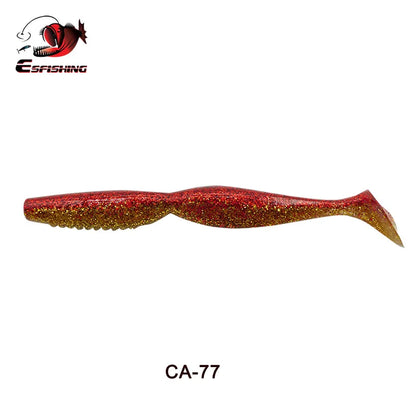 Red and gold glitter soft plastic fishing lure with paddle tail, labeled CA-77, on white background.