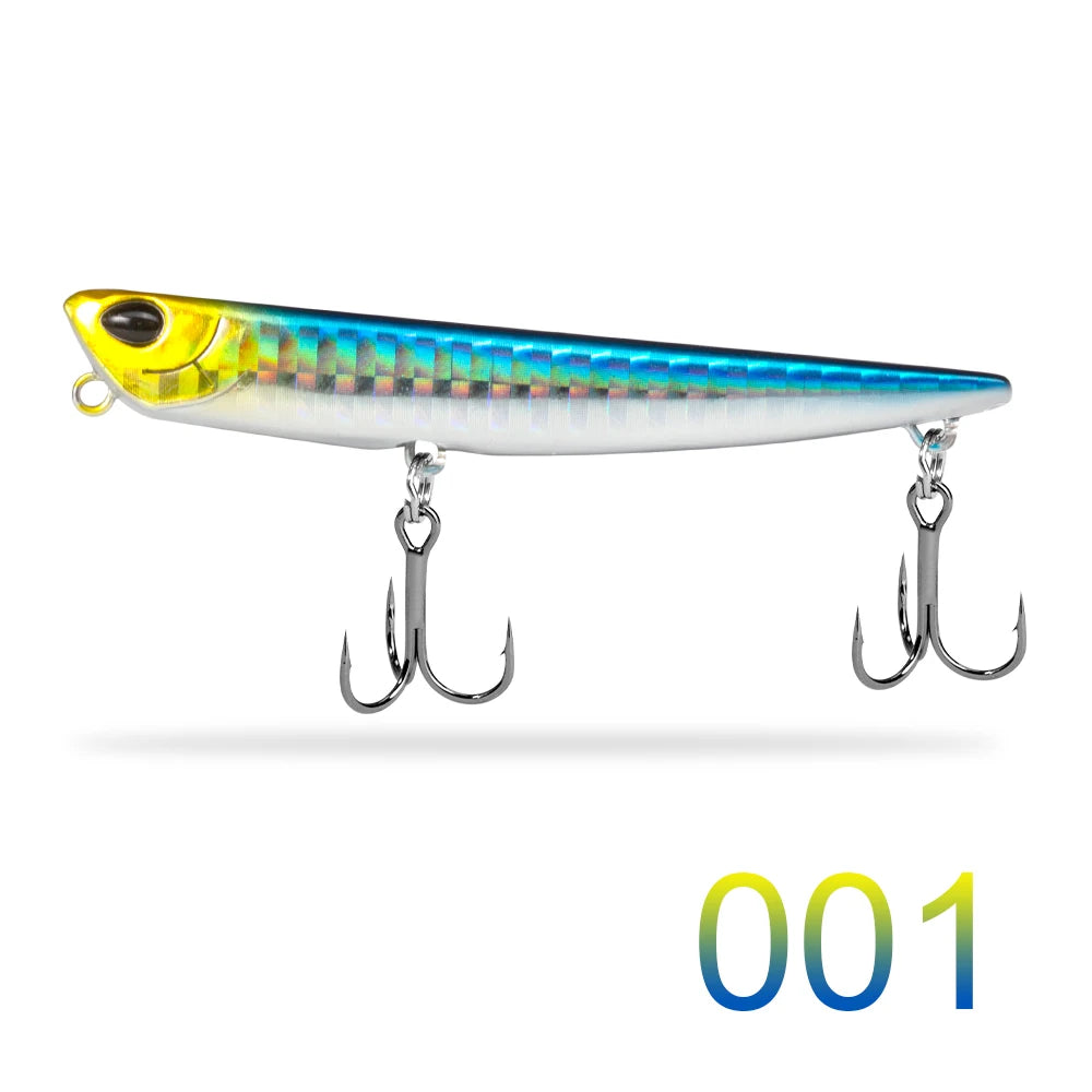 Blue and yellow fishing lure with two treble hooks on white background, model 001.
