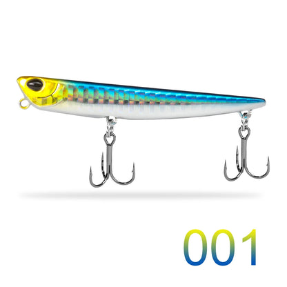 Blue and yellow fishing lure with two treble hooks on white background, model 001.