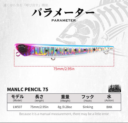 Colorful fishing lure 75mm, 8g, sinking action, with holographic finish and black spots.
