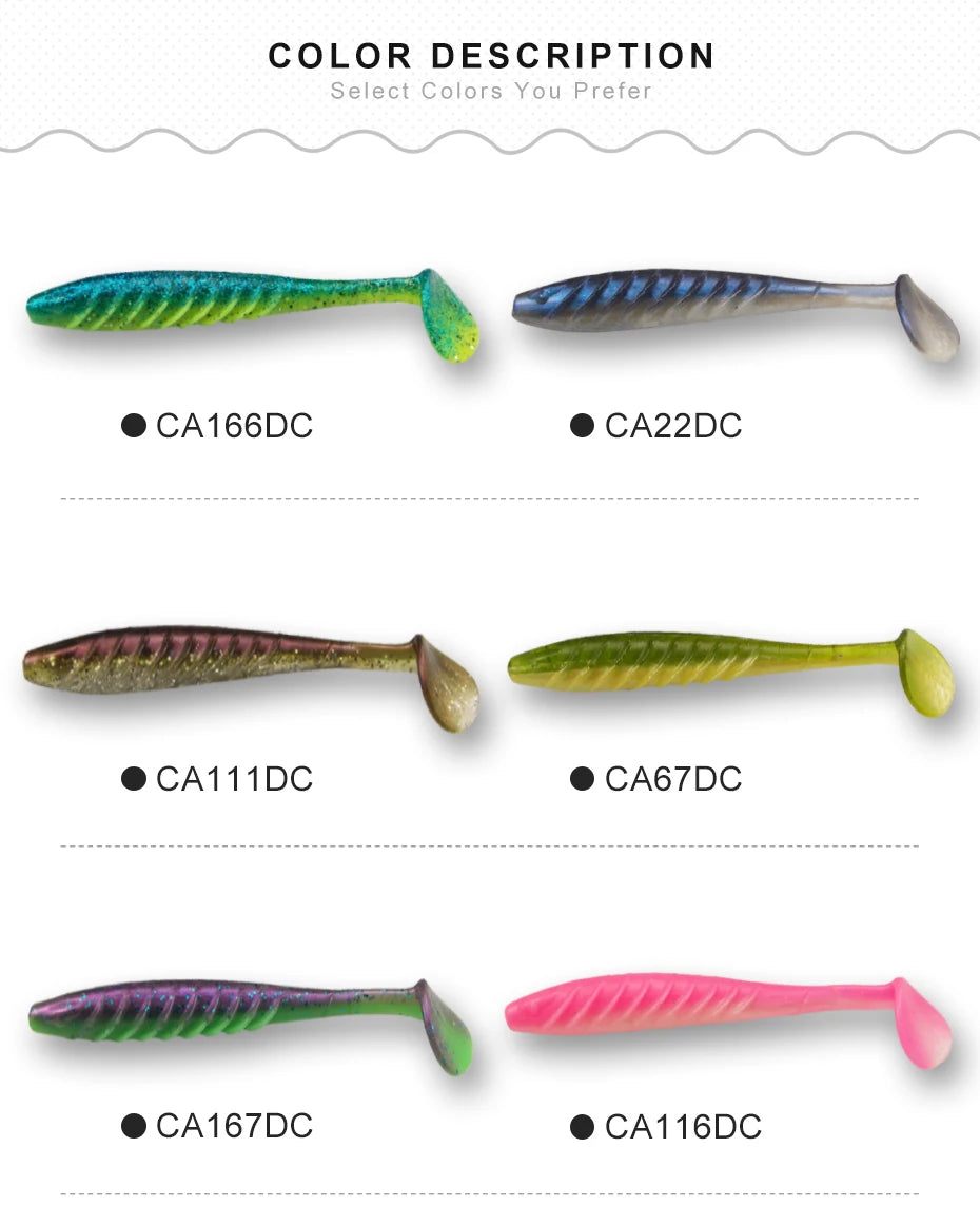 Six colorful soft plastic fishing lures in various patterns and colors on a white background.